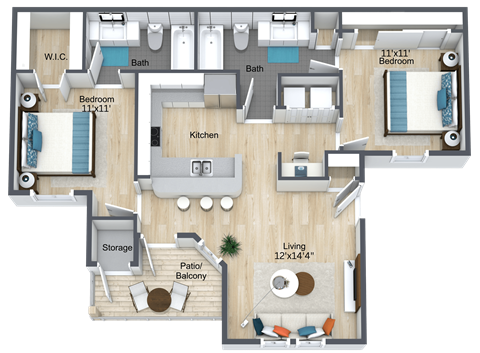 Floor plan for 2 beds, 2 baths, 915 sqft